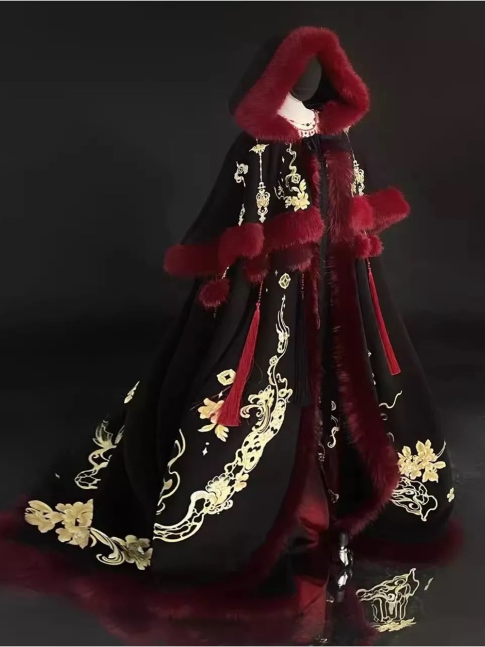 Embroidered Black Cape with Burgundy Fur Trim